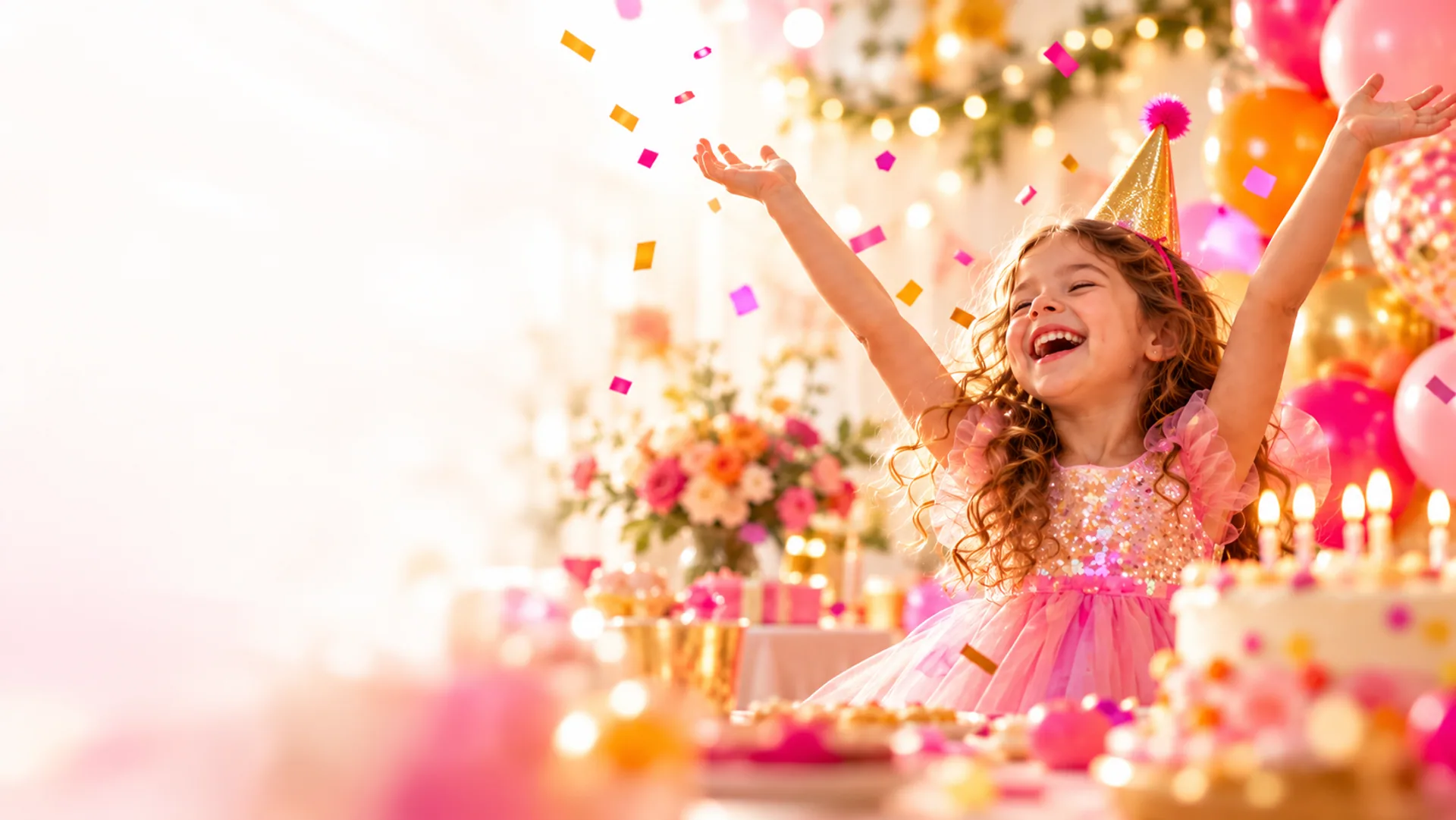 Criança a celebrar o aniversário entre balões e confettis